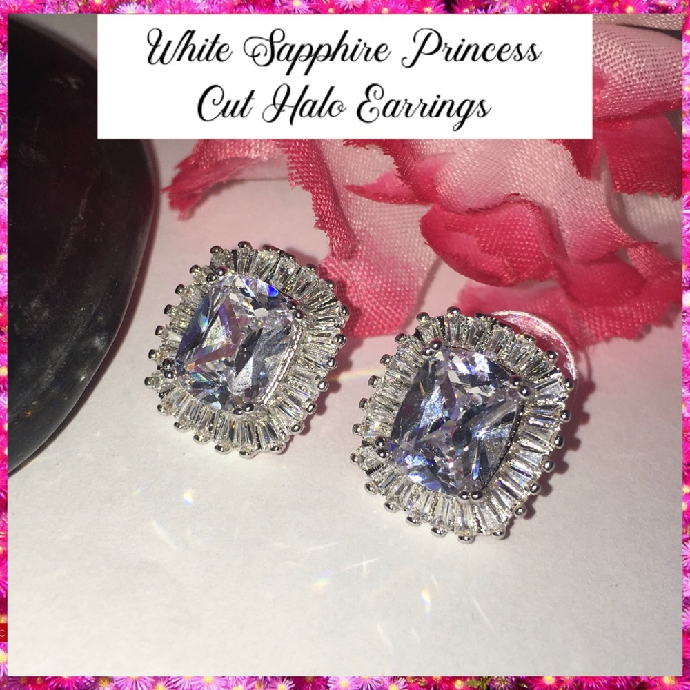 Princess Cut Sapphire Baguette Paved Halo Earrings